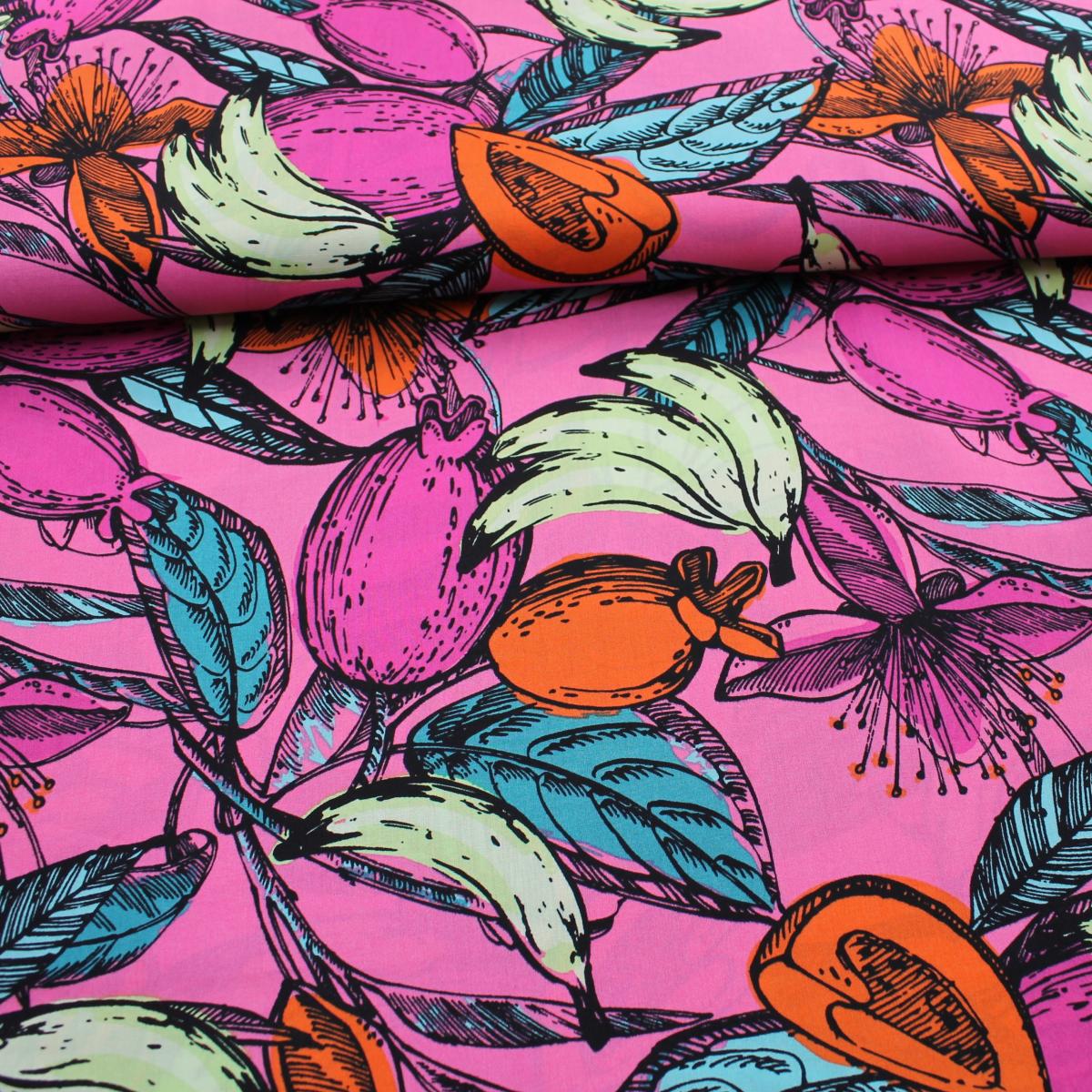 Viskose Rayon mit Baumwolle "Früchte" pink